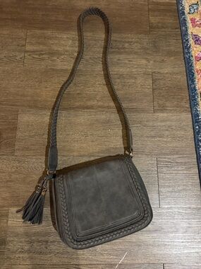 Braided Trim Gray Crossbody Bag with Tassel